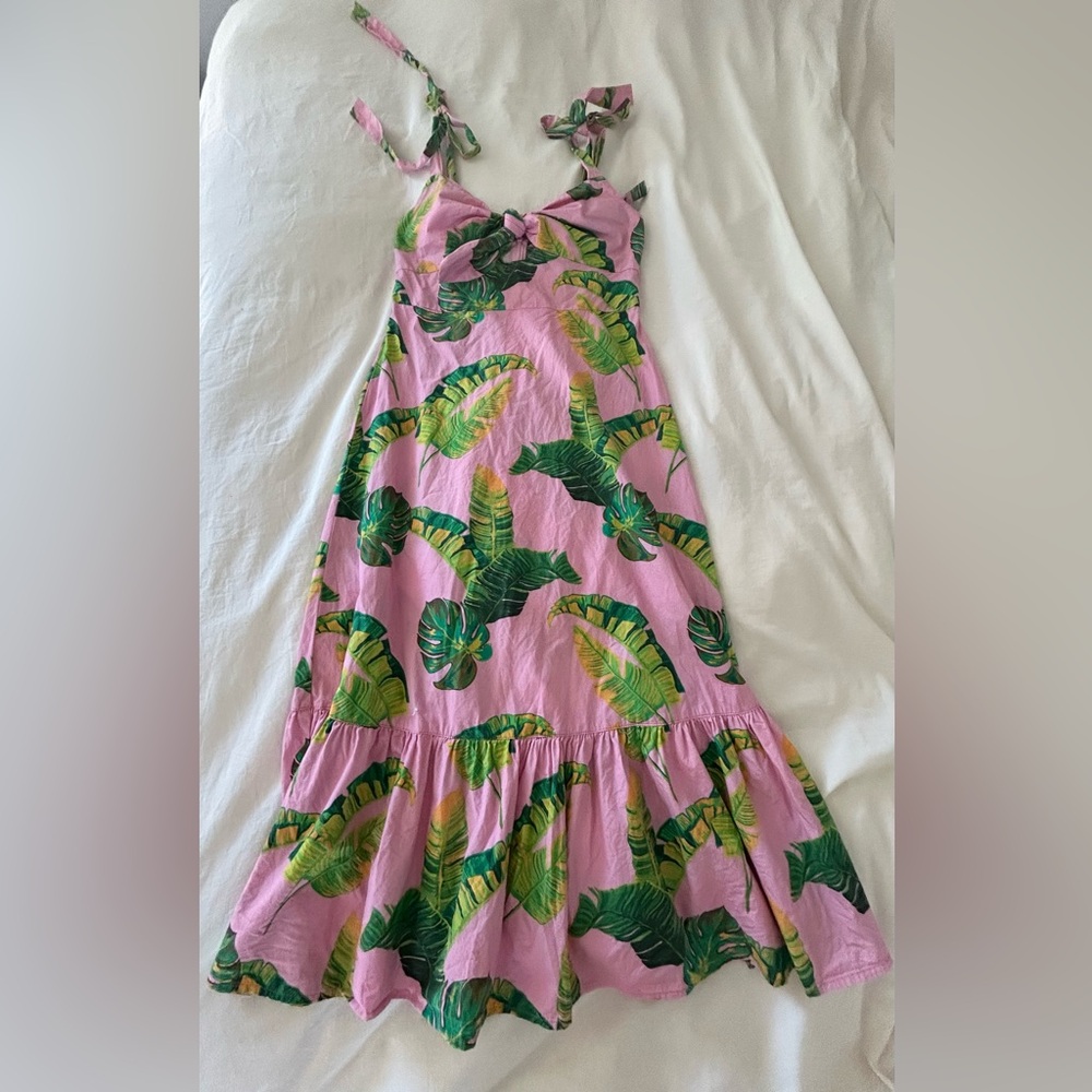Pink Tropical Leaf Print Midi/Maxi Cotton keyhole Dress